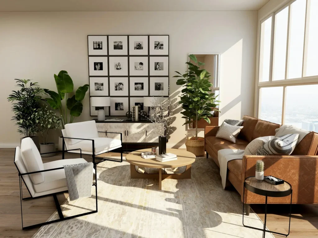 Bright living room with natural light and lamps